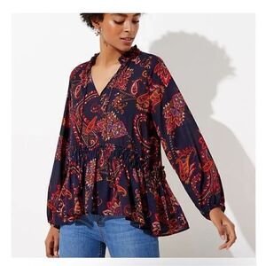 Loft Paisley smocked tie neck flouncy top boho long sleeve M